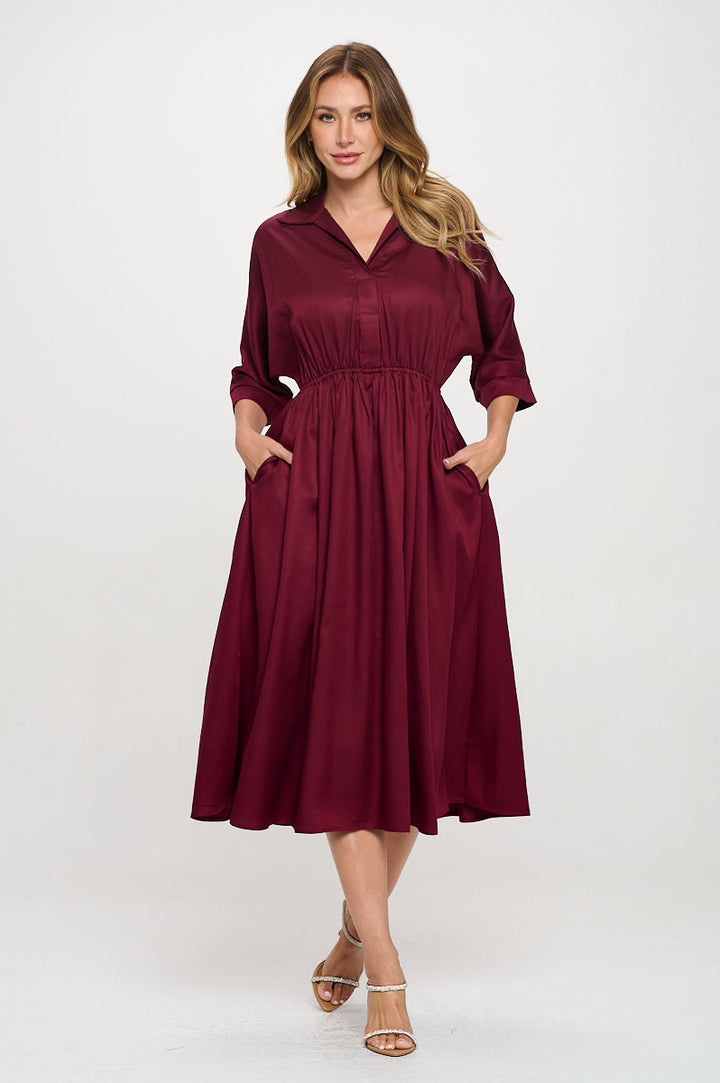 Tencel Collared V neck Midi Dress with Pockets-1
