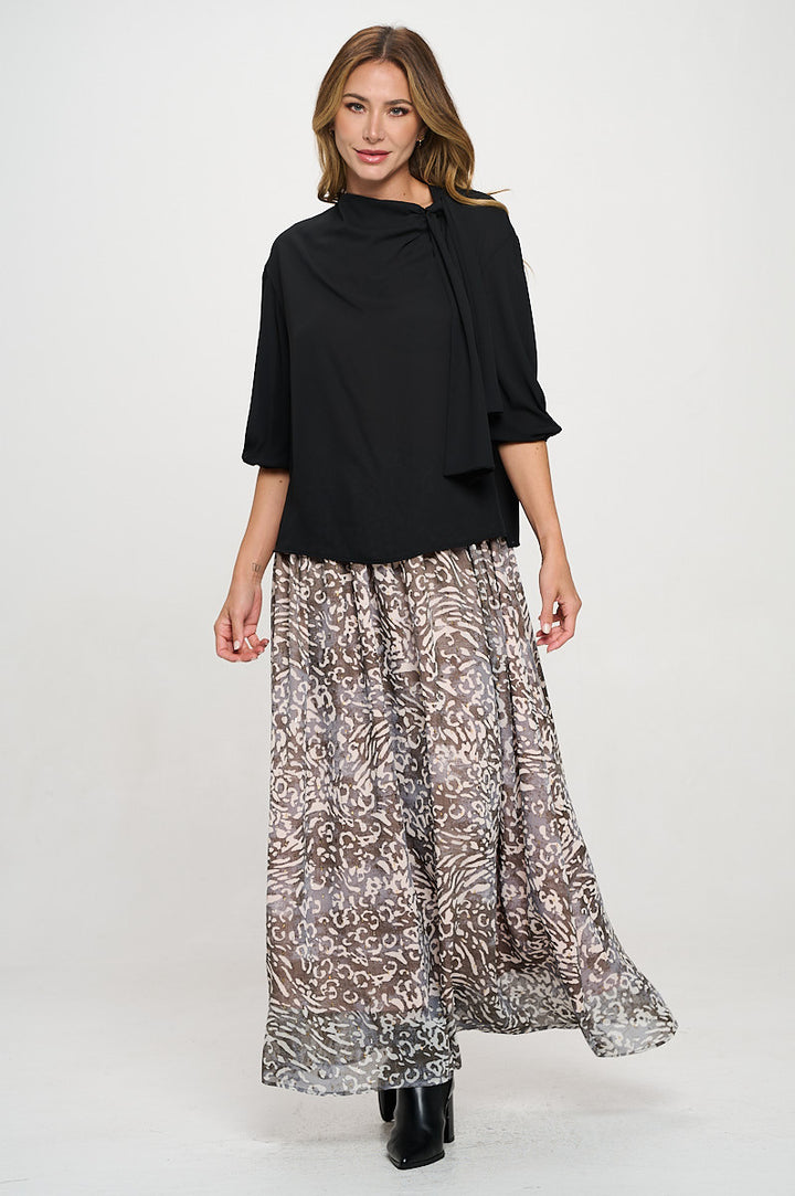 Solid Sheer 3/4 Sleeve with Scarf Detail-3
