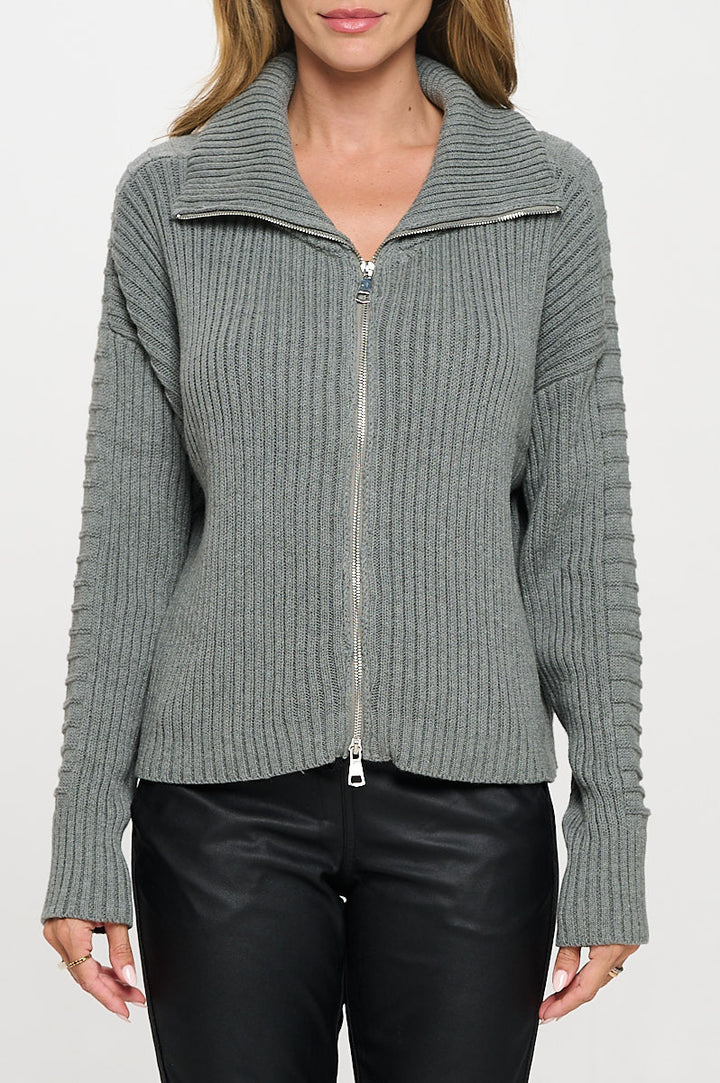 Cotton Knit Detail Long Sleeve Zip Up Sweater-1