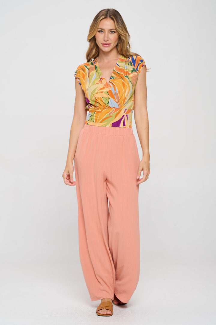 Floral Print V neck Crop Top w Smock Back Detail-4