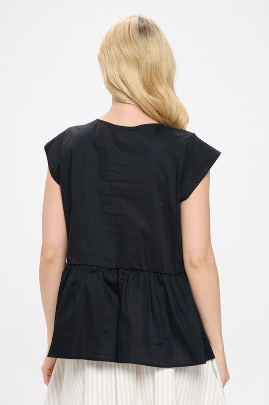 Cotton V neck Short Sleeve Top with Tiered Hem-3