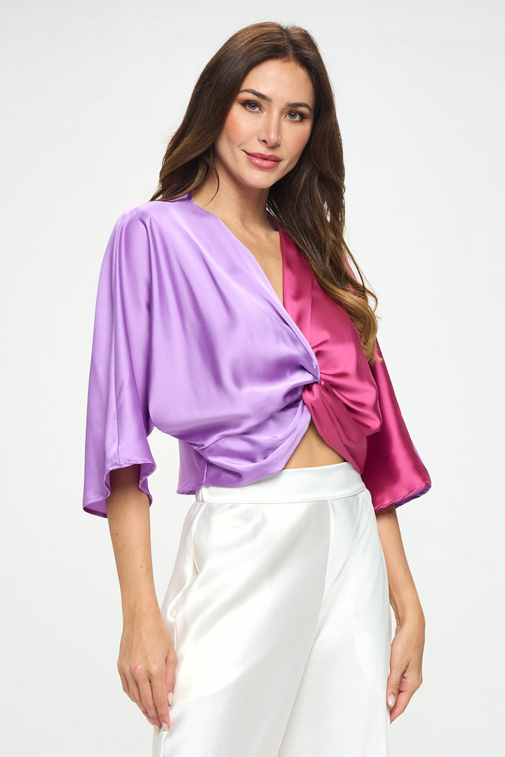 Satin Vibrant Multi Color Short Sleeve Top with Front Twist-1
