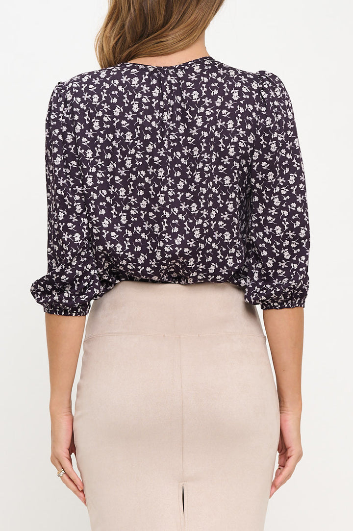 Floral Print V neck 3/4 Sleeve Top-3