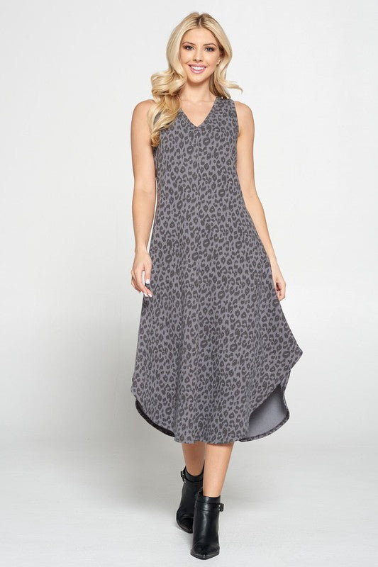 ANIMAL PRINT V NECK MIDI DRESS WITH CURVED HEM-0
