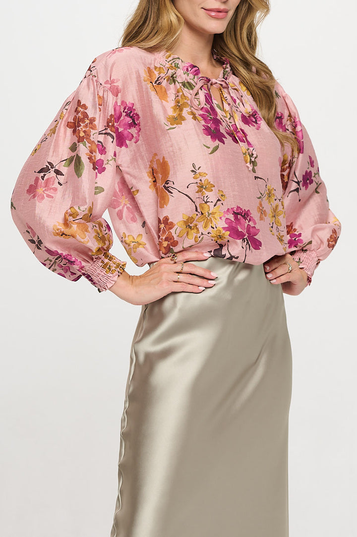 Floral Print V neck Top with Cuffed Sleeve-3