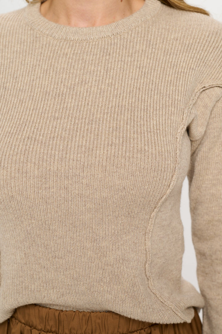Rib Knit Solid Long Sleeve Pullover Sweater-1