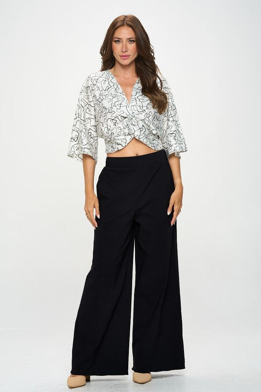 Satin Print Mid Sleeve Top with Front Twist-1