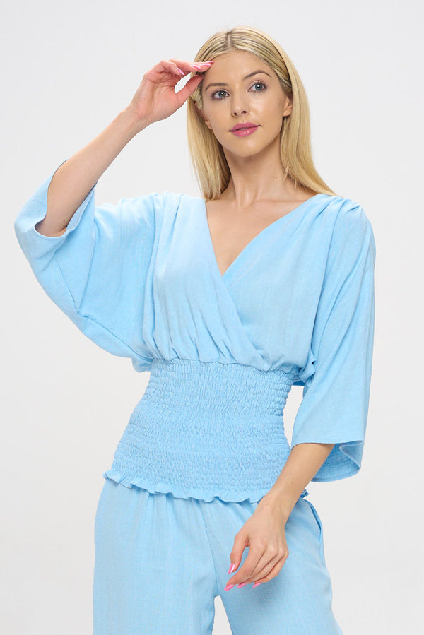 Linen V neck Smocked Dolman Sleeve Top-0