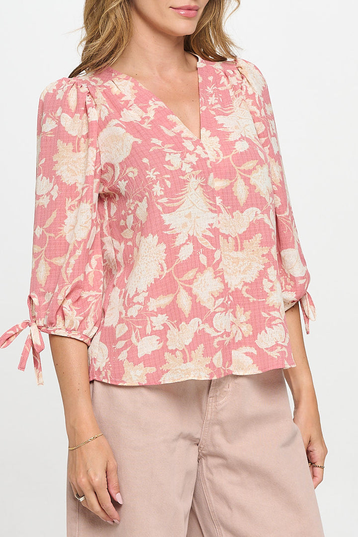 Floral Print V neck Top with Sleeve Tie-2