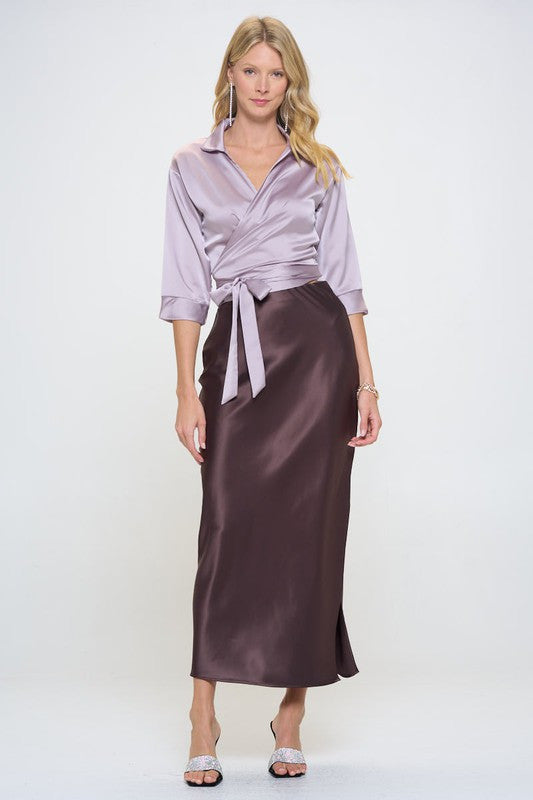Silky Satin Collared V neck Wrap Top with Tie-4