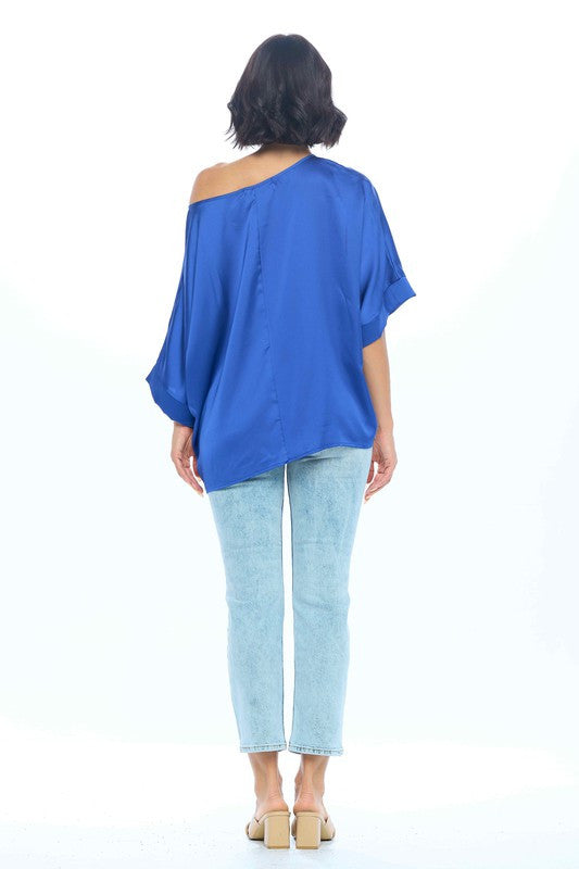 Stretch Satin Solid Round neck Oversize Top-4