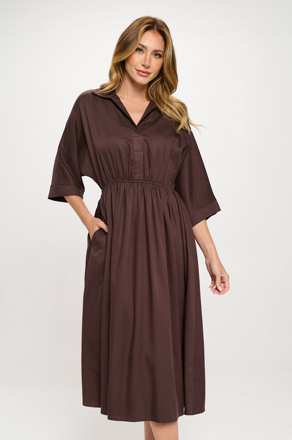 Tencel Collared V neck Midi Dress with Pockets-0