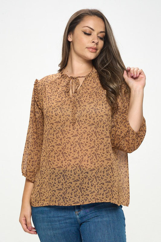 Floral Print Semi Sheer Top with Tie-2