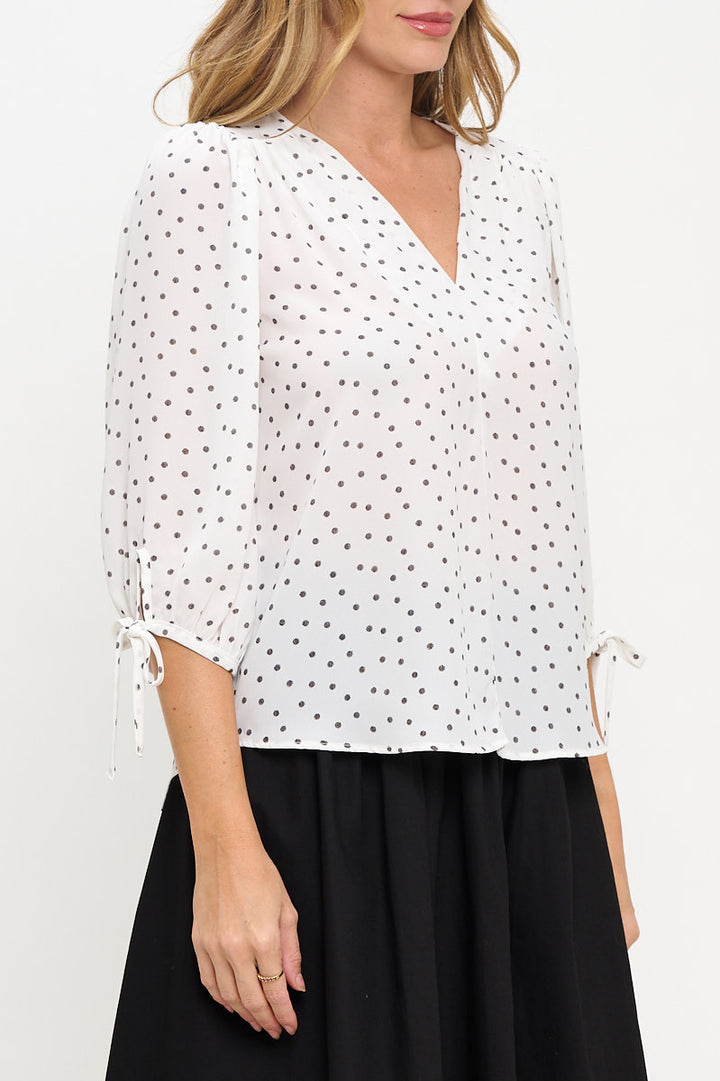 Polka Dot Semi Sheer V neck Top with Sleeve Tie-2