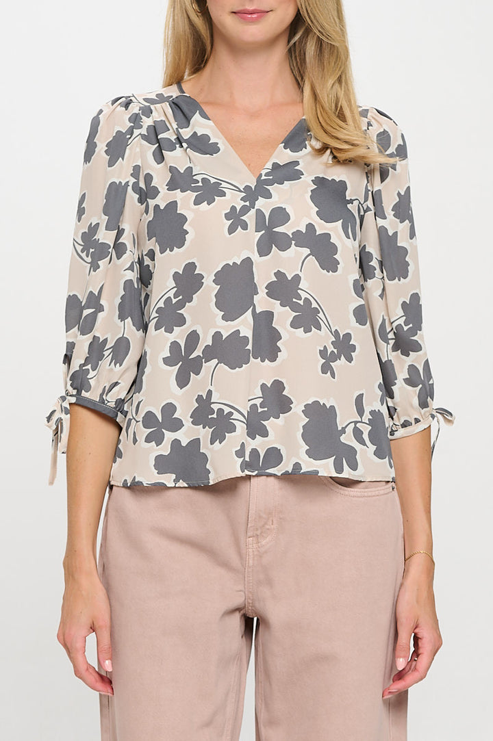 Floral Print V neck Top with Sleeve Tie-1