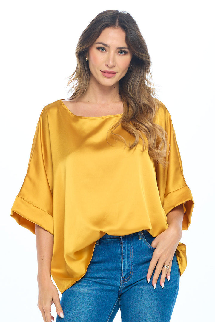 Stretch Satin Solid Round neck Oversize Top-1