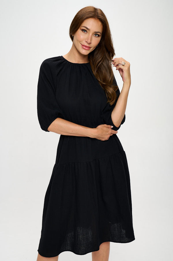 Cotton 3/4 Sleeve Tiered Midi Dress-0