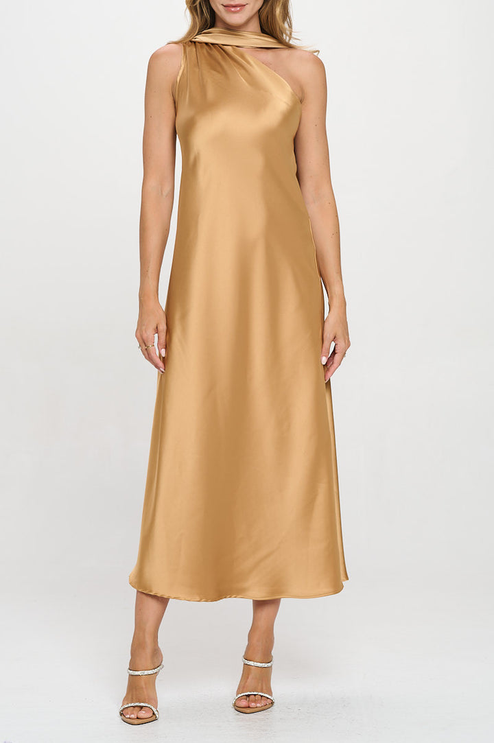 One Shoulder Satin Maxi Dress with Scarf Detail-1