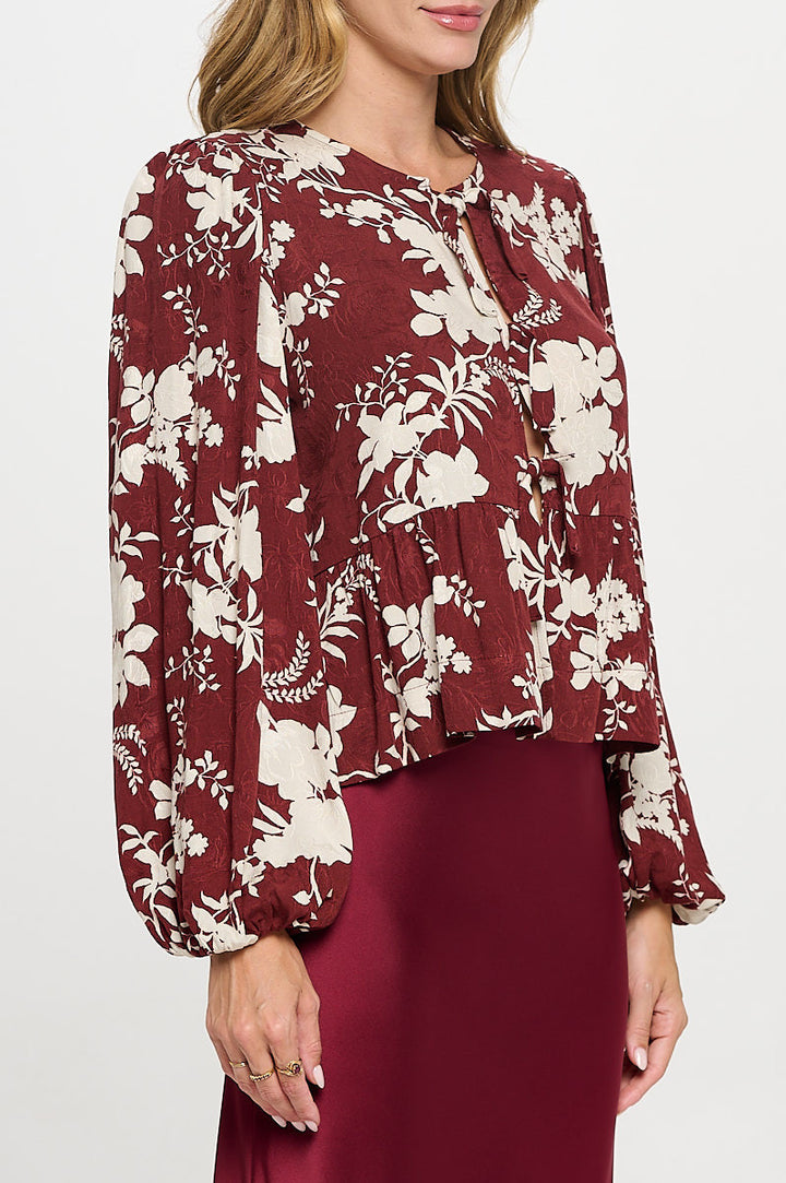 Floral Print Top with Front Tie Detail-3