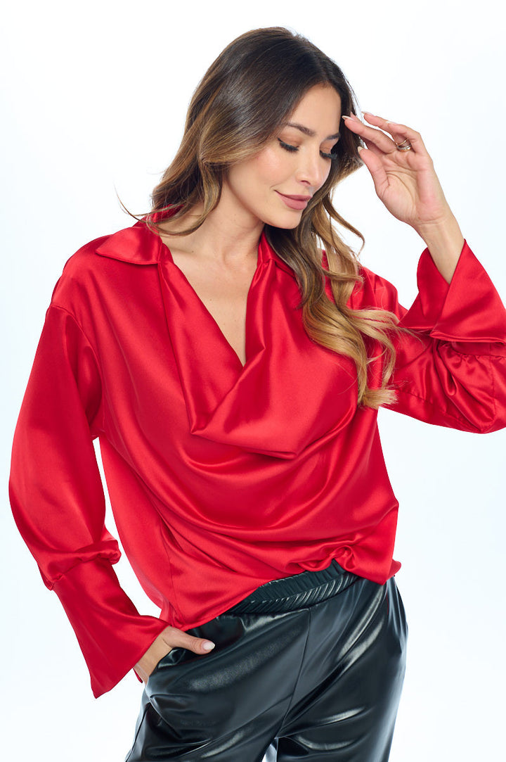 Satin Collared Cowl neck Top with Split Cuff-0