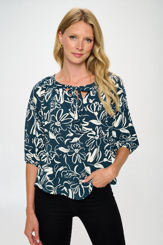 Flower Print V neck Top with 3/4 Sleeve and Tie-0