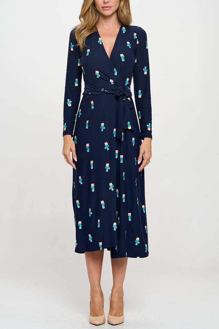 Knit Print V neck Jersey Wrap Maxi Dress with Tie-1