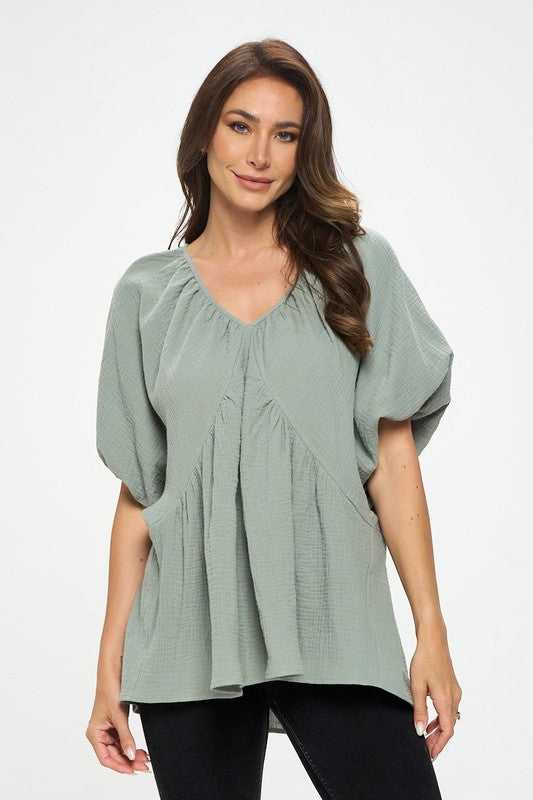 Cotton V neck Puff Sleeve Tunic Top-2