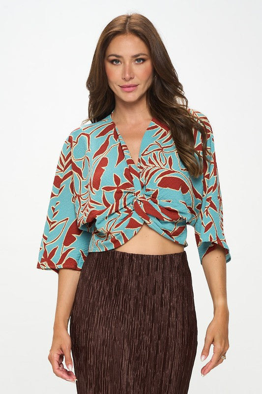 Print Mid Sleeve Top with Front Twist-0