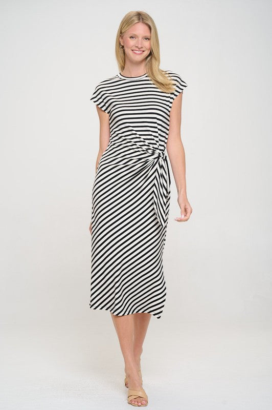 Striped Knit Bodycon Midi Dress with Front Tie and Slit-2