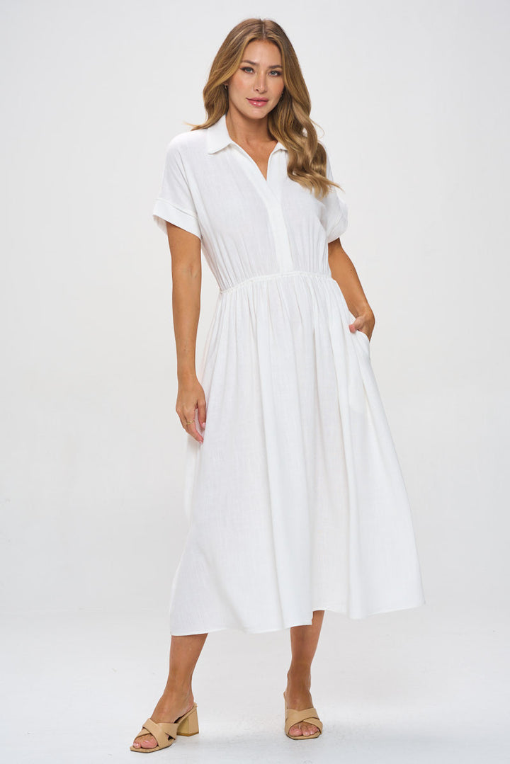 Linen Solid Collared V neck Dress with Pockets-2