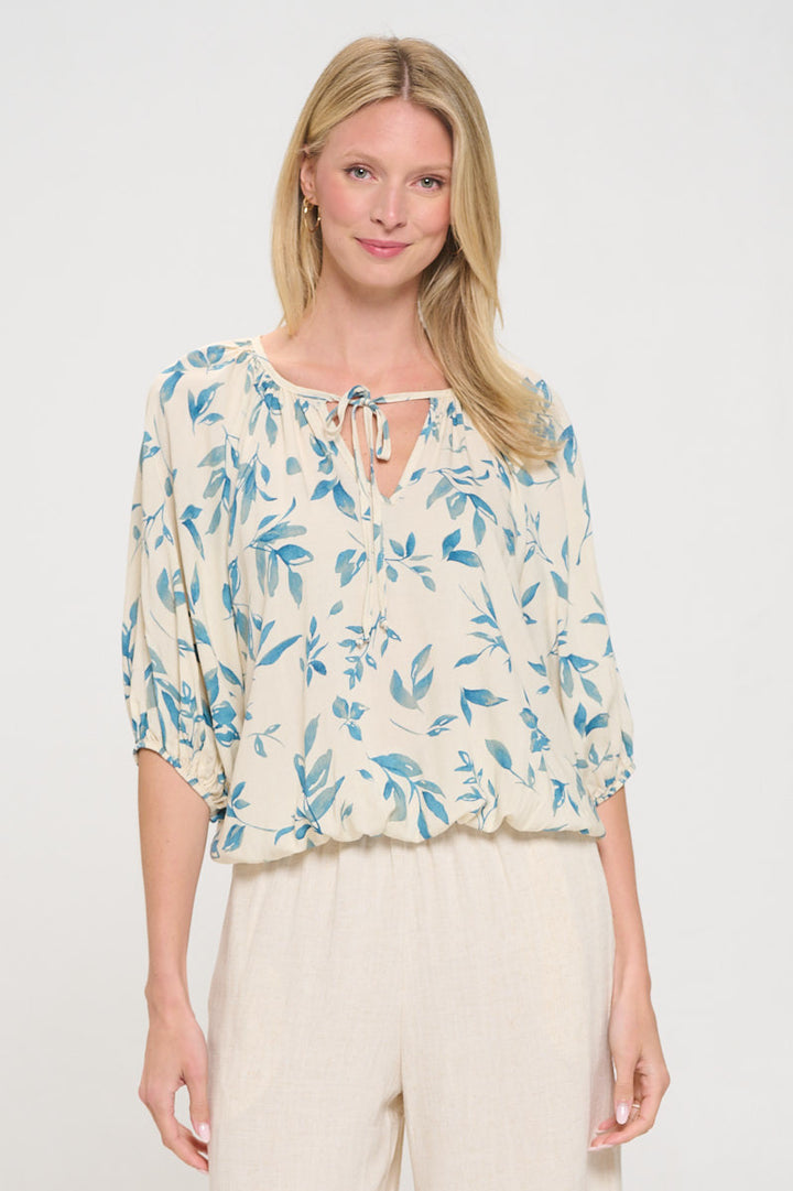 Floral Print V neck 3/4 Sleeve with Tie-1