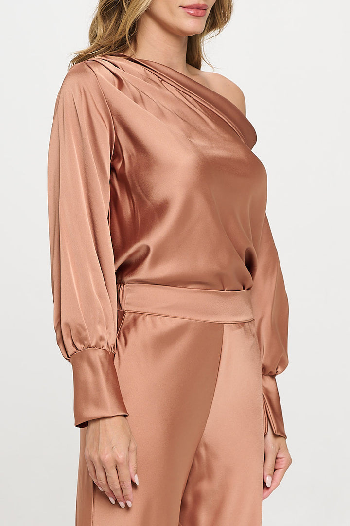 Dropped Shoulder Long Sleeve Satin Top-1