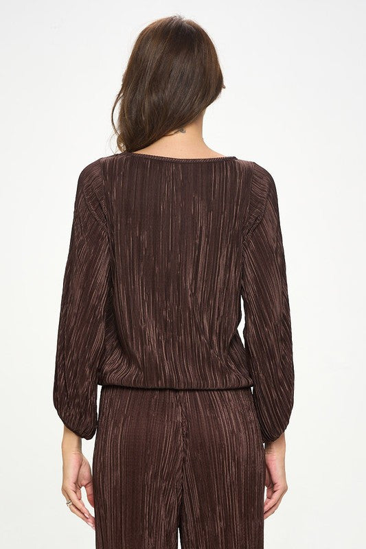 Plisse Solid Round neck Top with 3/4 Sleeve-2