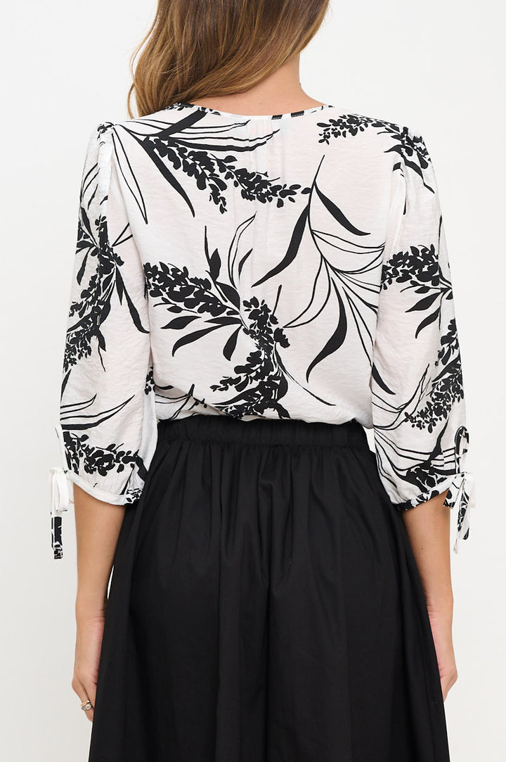 Floral Print V neck Top with Sleeve Tie-3