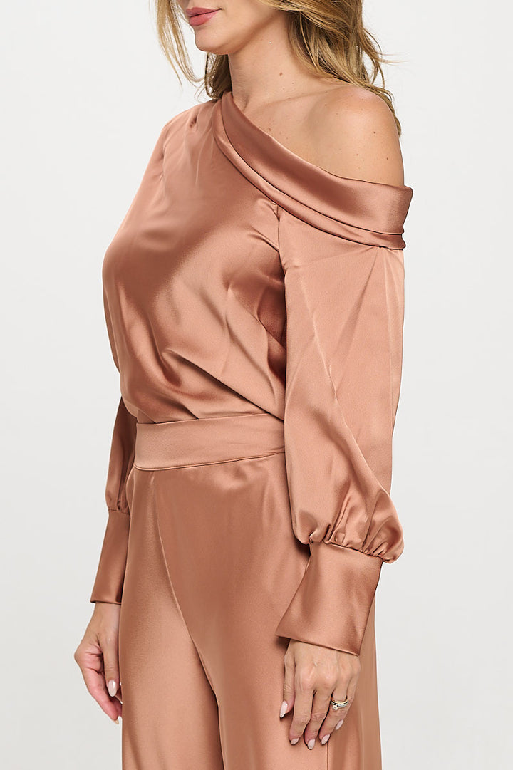 Dropped Shoulder Long Sleeve Satin Top-2