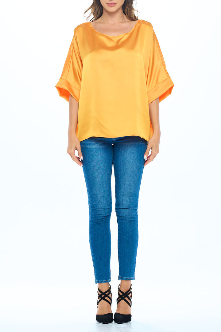 Stretch Satin Solid Round neck Oversize Top-4