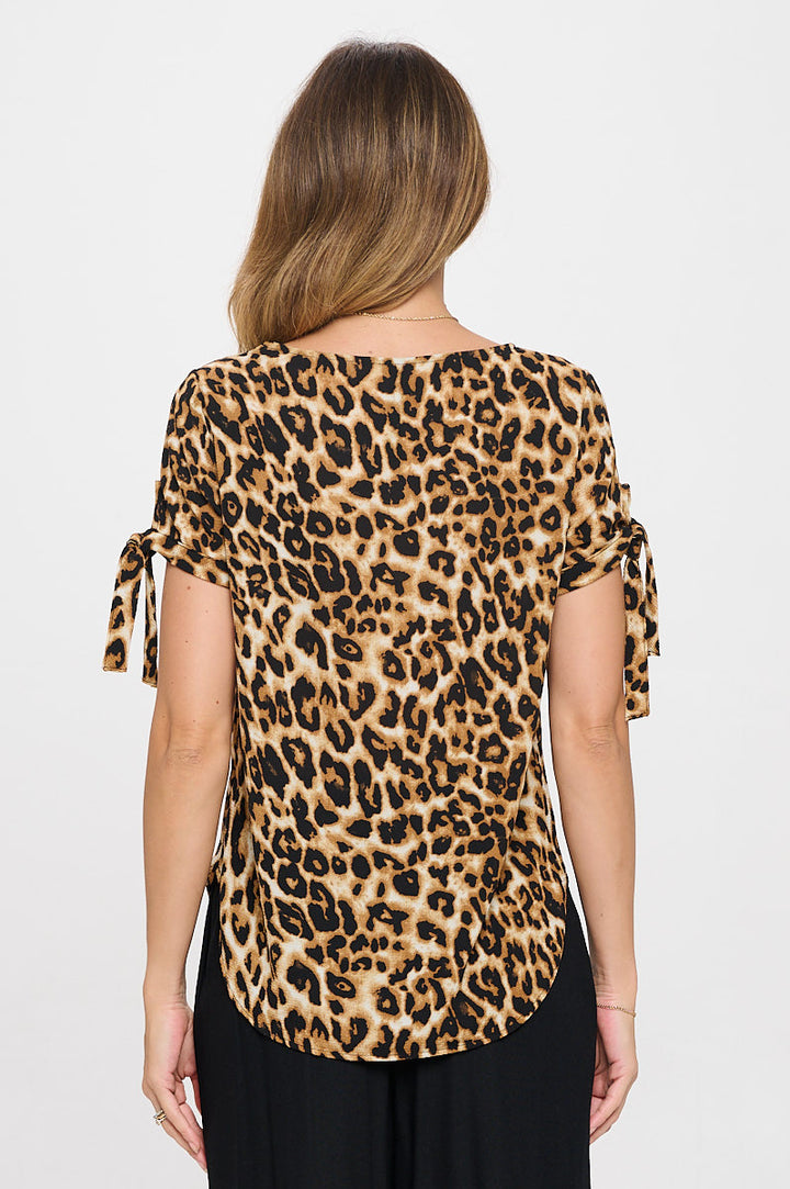 Animal Print Short Sleeve Top with Tie Sleeve-3