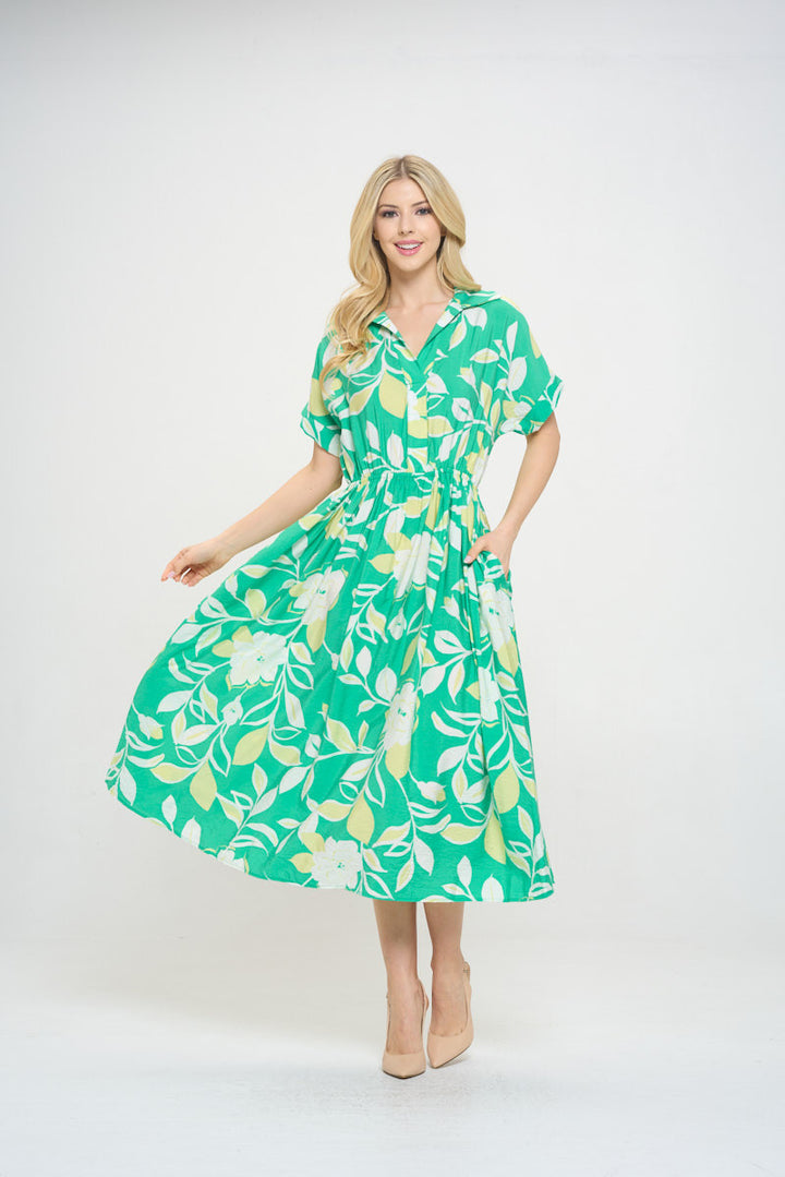 Flower Print Collared V neck Midi Dress with Pockets-1