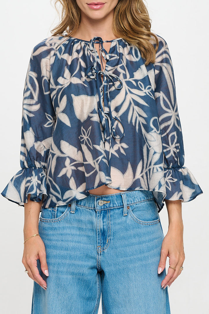 Print Round neck Top with Front Tie Detail-1