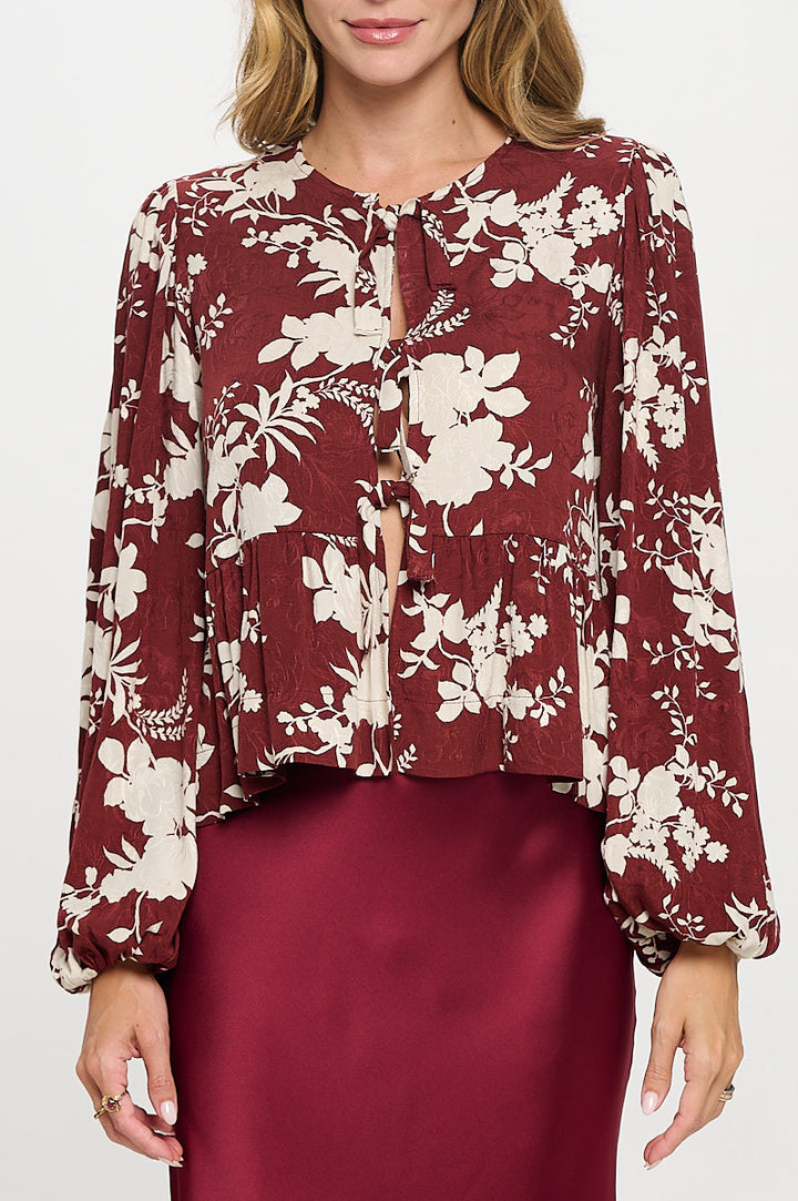 Floral Print Top with Front Tie Detail-2