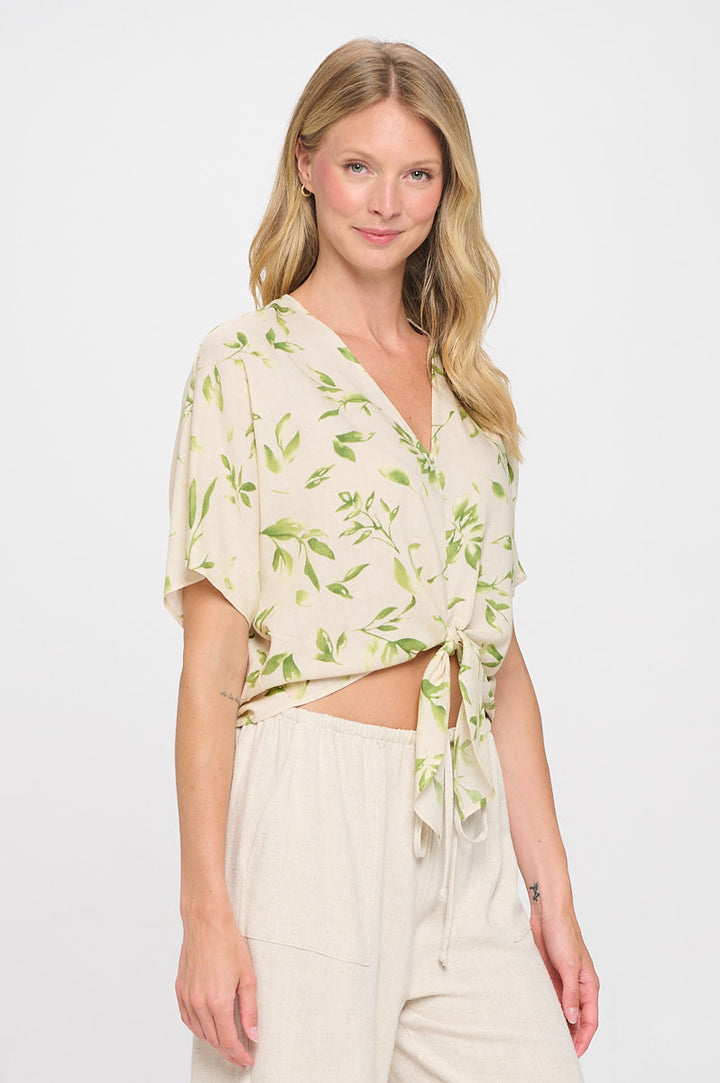 Linen Floral Print V neck Top with Front Tie-3