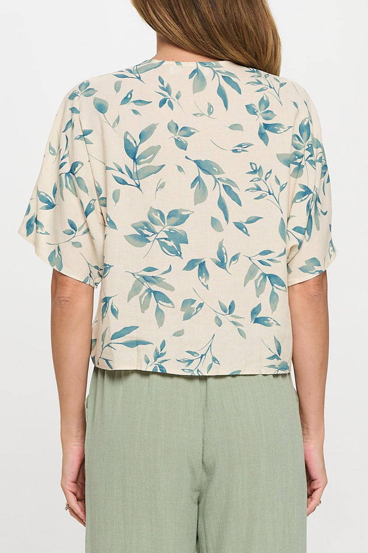 Linen Floral Print V neck Top with Front Tie-3