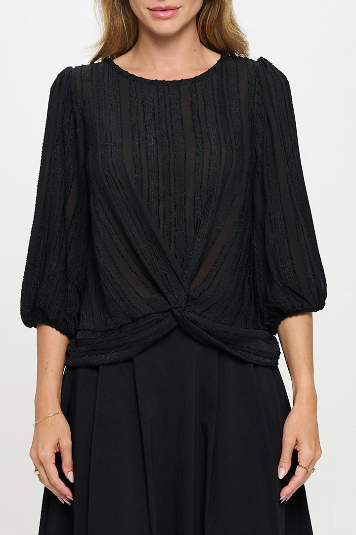 Textured Sheer 3/4 Sleeve Top with Front Twist-1