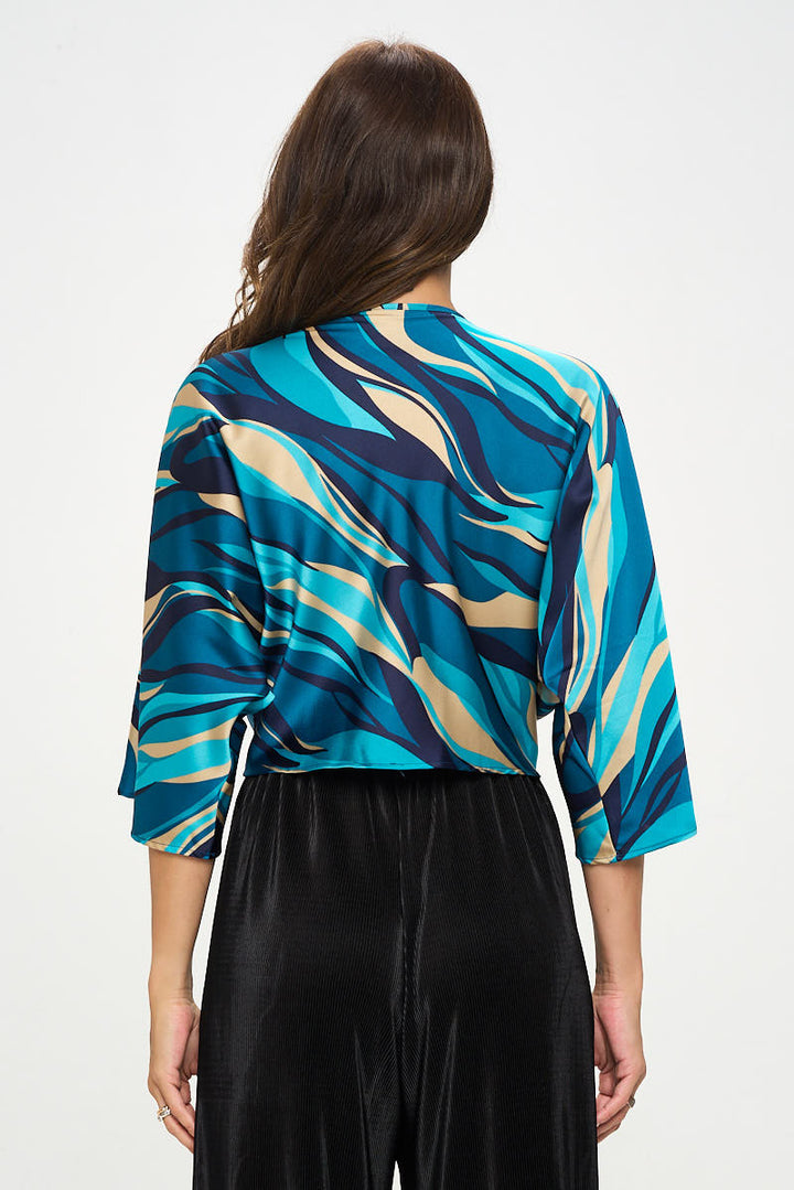 Multi Print Satin Mid Sleeve Top with Front Twist-2