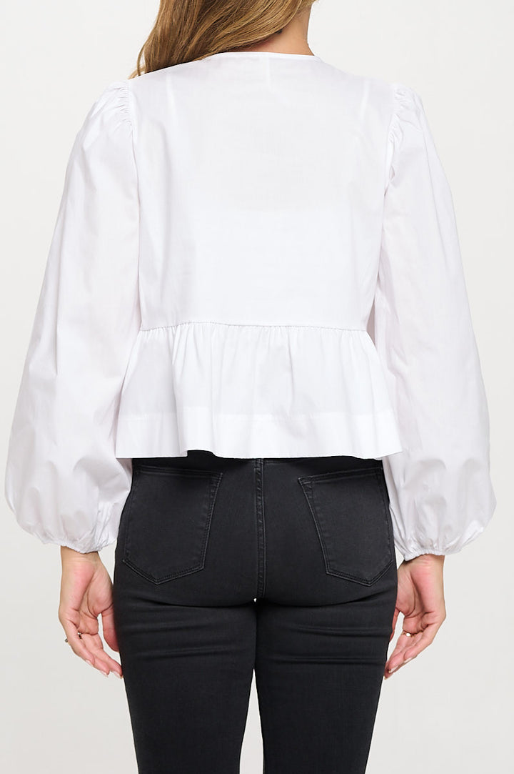 Cotton Solid Long Puff Sleeve Top with Open Front Tie Detail-4