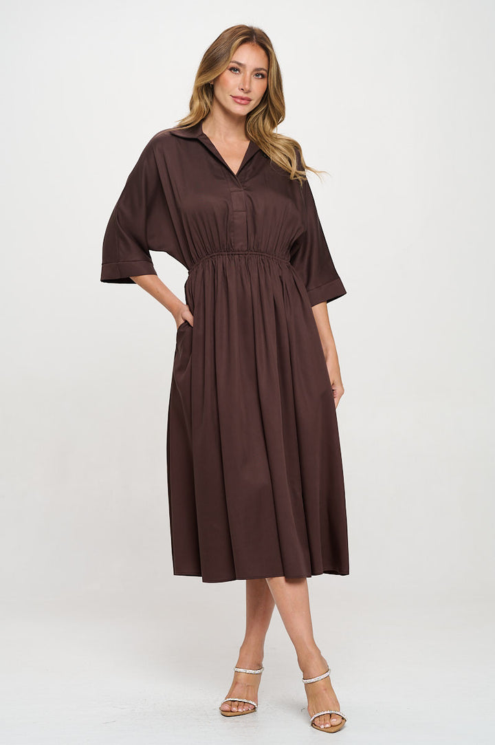 Tencel Collared V neck Midi Dress with Pockets-4