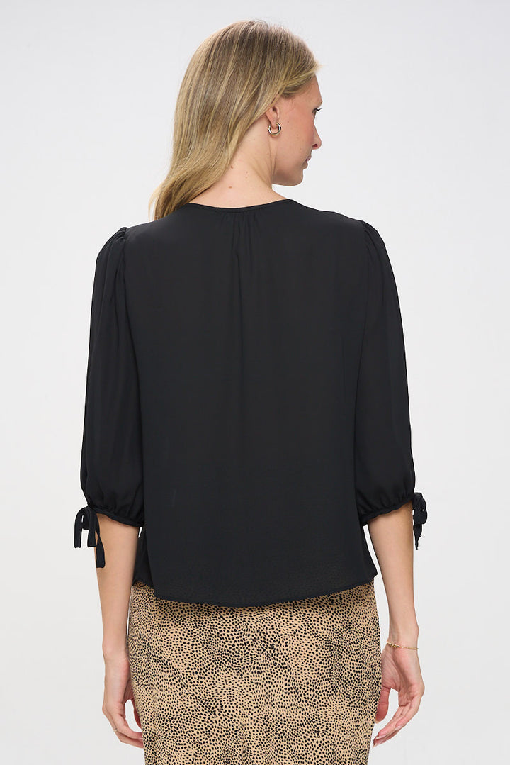 Solid V neck Top with Self Tie Sleeves-3