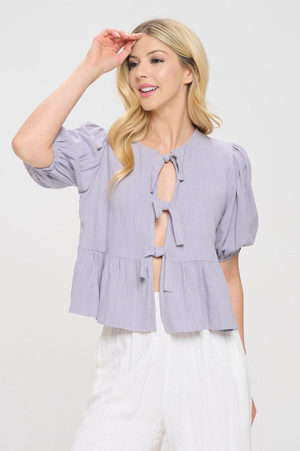 Linen Solid Puff Sleeve Top with Front Bow Detail-0
