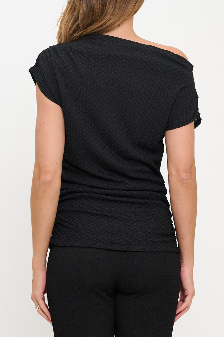 Textured Off the Shoulder Top with Ruched Detail-3