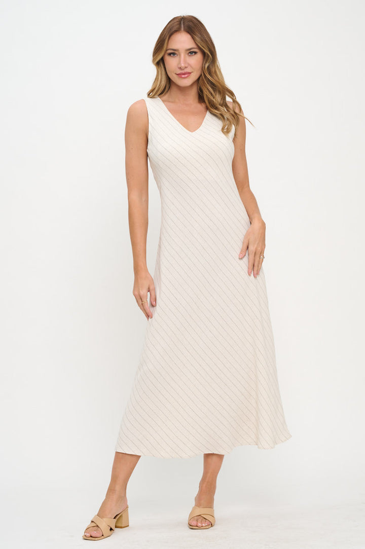 Linen Striped V neck Midi Dress-4
